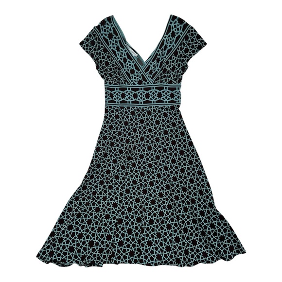 Maggy London Dresses & Skirts - Maggy London Dark Brown & Aqua Print V-neck Midi Dress